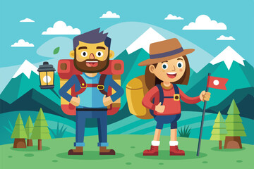 Two cheerful backpackers pose with their gear in a vibrant mountain setting surrounded by trees, Customizable cartoon illustration for backpackers