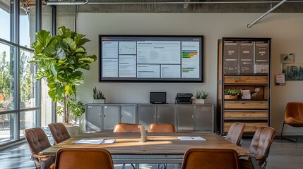 Modern Office Conference Room with Large Screen Display and Wooden Table