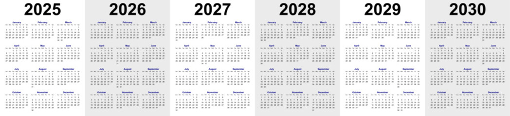 2025, 2026, 2027, 2028, 2029, 2030 new year calendar design for printing. simple editable calendar design for office desk, mockup, promotional use, company advertisement etc use. vector eps file.