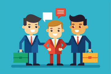 Three cheerful business professionals engage in a collaborative discussion wearing suits in a modern office, Customizable cartoon illustration for business merger.