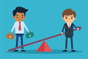 Two business professionals illustrate the challenge of balancing decisions with uncertainty at work, Customizable Cartoon Illustration for businesses