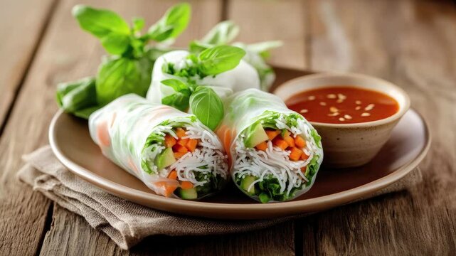 Zooming in on a plate of Fresh Vietnamese Spring Rolls