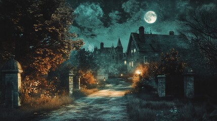 Obraz premium A promotional image for a Halloween historical tour, featuring haunted landmarks, ghost stories, and eerie nighttime settings.