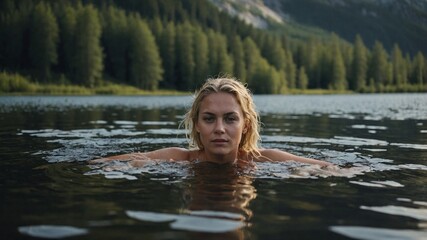 Fototapeta premium Blond woman enjoying a tranquil bath in a picturesque mountain lake surrounded by lush trees on a sunny day.