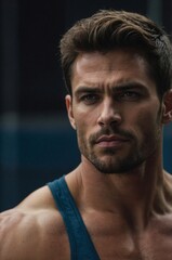 Obraz premium A tall muscular man with a focused expression during an outdoor workout in the city at sunset, showcasing determination and strength.