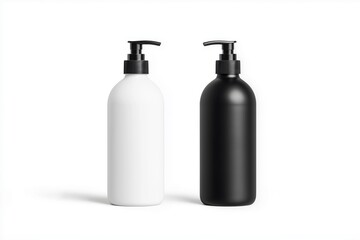 Minimalist design of black and white pump bottles side by side, suitable for cosmetic, skincare, or liquid soap product mockups. Ideal for showcasing packaging design, branding concepts