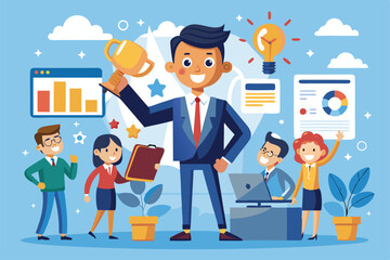 A team enthusiastically celebrates victory, showcasing teamwork in a colorful office environment, Customizable cartoon illustration for competitive intelligence.