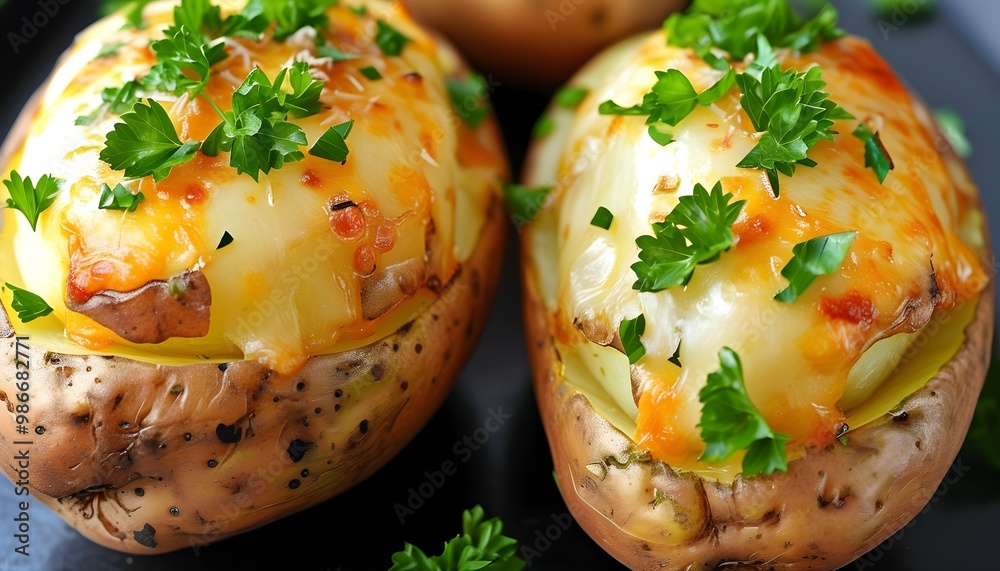 Wall mural melted cheese and fresh parsley atop a freshly baked potato, split open and inviting, perfect for a 