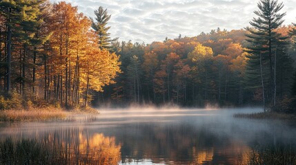 Autumn foliage surrounding a misty lake during a peaceful sunrise