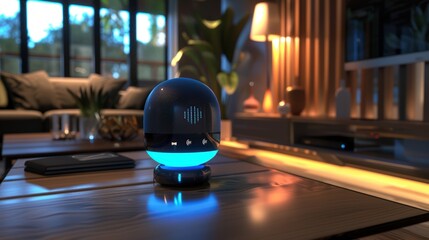 Smart home security system with blue holographic icons floating above in the center.