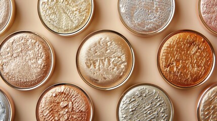 Elegant luxurious metallic makeup powder textures and patterns in shimmering bronze gold and other mineral tones on a neutral minimal background  abstract design