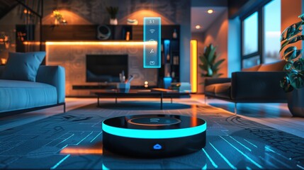 Smart home security system with blue holographic icons floating above in the center.