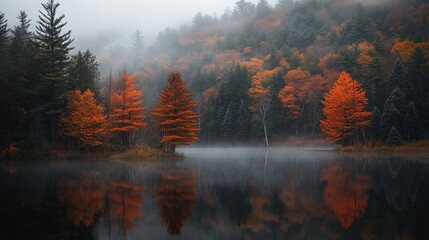 Autumn foliage surrounding a misty lake during a peaceful sunrise