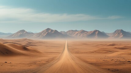 Naklejka premium A Lonely Road Through a Desert Landscape with Mountains in the Distance