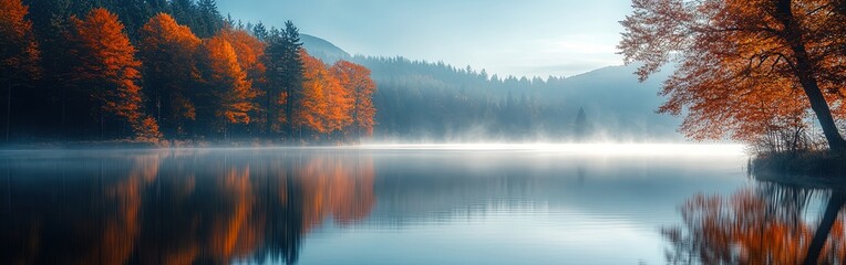 Fototapeta premium Autumn foliage surrounding a misty lake during a peaceful sunrise