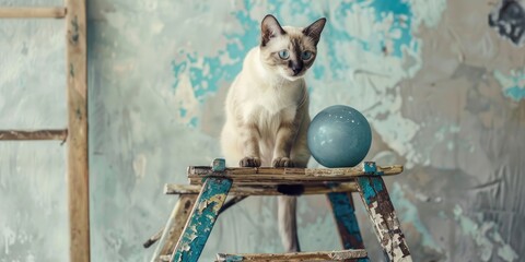 Burmese cat sitting on a handcrafted wooden ladder alongside a blue ball