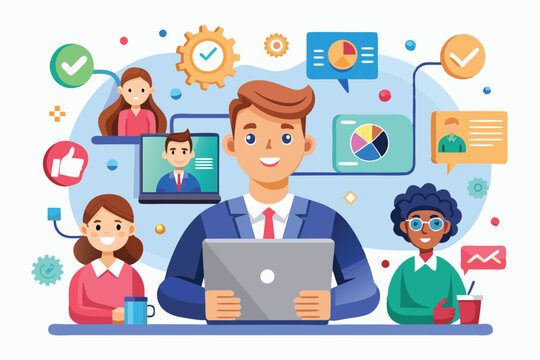 A team of cartoon characters working together on customer relations strategies using technology, Customizable cartoon illustration for car rental.