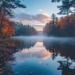 Autumn foliage surrounding a misty lake during a peaceful sunrise