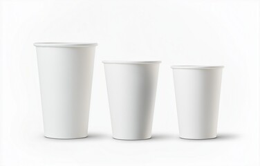 "Set of three white disposable paper cups in various sizes isolated on a clean background, perfect for food and beverage businesses, Eco-friendly packaging concept."

