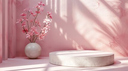 Minimalist marble podium with elegant pink floral display in a modern studio setting creating a glamorous and contemporary backdrop for product showcase or cosmetic presentation