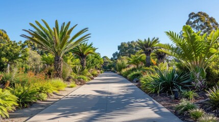 Obraz premium Serpentine garden path meandering through a lush setting with various ferns and palm trees, providing a tranquil walking experience. Prehistoric plants in urban park, prehistoric botanicals concept.