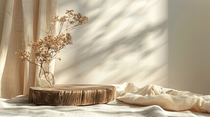 A rustic wooden slab or log serves as a natural backdrop featuring a simple and elegant dried floral arrangement with delicate branches petals and soft natural lighting that creates a peaceful