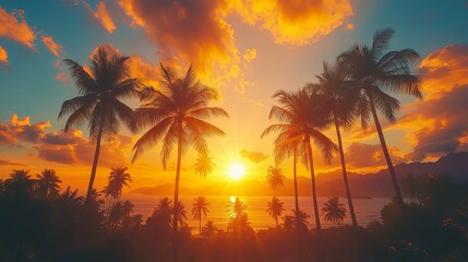 Sunset Over Palm Trees and Ocean with Dramatic Sky
