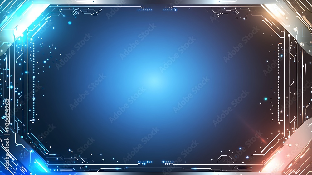 Poster Futuristic digital technology frame with blue and orange lights and glowing particles.