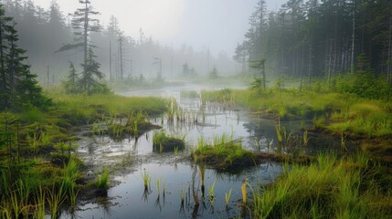 Obraz premium Misty forest bog with reflections in calm water, green reeds, and morning fog enveloping sparse trees. Prehistoric plants, prehistoric botanicals concept.