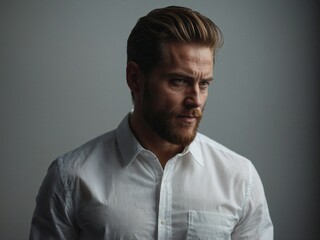 A man with a stylish beard and sharp gaze posing against a neutral background, capturing a moment of contemplation and elegance.