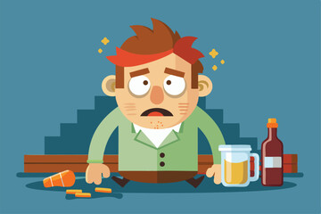 A cartoon character sits on the floor surrounded by empty bottles and snacks, looking unwell after a night out, Customizable cartoon illustration for hangovers.