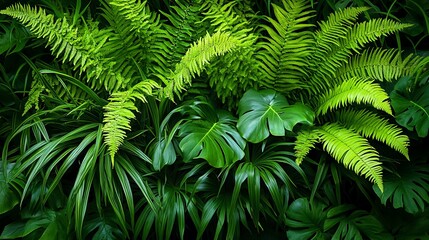 Naklejka premium Lush Green Tropical Foliage with Ferns and Monstera Leaves