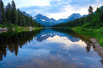 A quiet mountain lake at dusk, with the sky reflecting on the still water and trees lining the shore