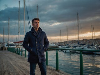 Man in his thirties enjoying a sunset view by the marina with boats and calm waters in the background.