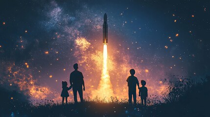 A family silhouetted against a starry sky watching a rocket launch