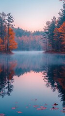 Autumn foliage surrounding a misty lake during a peaceful sunrise