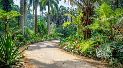 Scenic park path winding through a lush garden with tall palms and vibrant green ferns, dappled sunlight filtering through. Prehistoric plants, prehistoric botanicals concept.