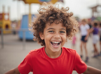 a young boy with curly hair smiling and looking at the camera in a amusement park