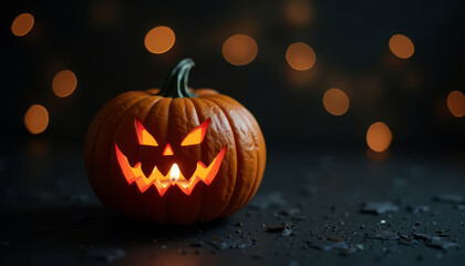 Fototapeta premium Minimalist festive halloween scene with glowing orange jack-o'-lantern pumpkin with candle on black textured surface or floor on dark night with bokeh lights background.