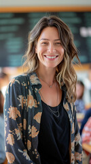 Fototapeta premium Candid school class portrait of a teacher in a classroom