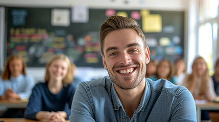 Candid school class portrait of a male teacher in a classroom