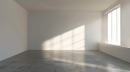 Obraz premium Empty room with concrete floor and large window, sunlight streaming in.
