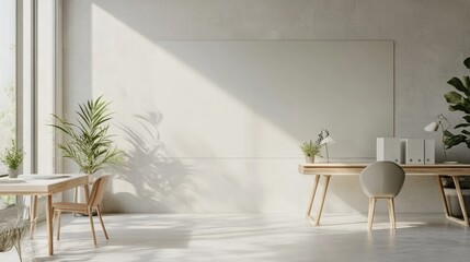 A sunny open space office with a blank light grey wall, furnished with elegant modern items, sleek desks, and minimalist decor in a realistic setting