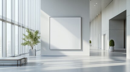 Bright, airy open office space with a blank light grey wall, elegant minimalist furnishings, and modern architecture, realistic setting