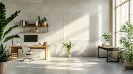 Bright, open office with sleek desks, elegant modern items, and a blank light grey wall, bathed in sunlight, set in realistic architecture