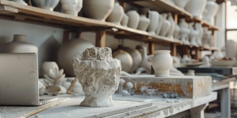 Ceramic pottery collaboration and digital commerce platform for shopping or bespoke sculpture creation; Creative studio with varied artistic environment or entrepreneurial venture.