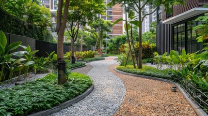 Obraz premium A modern urban garden with a winding pebble path surrounded by lush tropical greenery and residential buildings. Prehistoric plants in urban park, prehistoric botanicals concept.