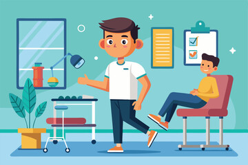 A physiotherapist assists a patient in a therapy session within a cheerful clinic environment, Customizable cartoon illustration for physiotherapy.