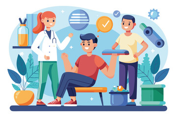 A cheerful cartoon illustration shows a physiotherapy session with a therapist guiding a patient in exercises, Customizable cartoon illustration for physiotherapy.
