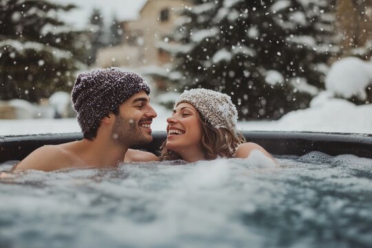 Joyful couple unwinding in outdoor hot tub at ski spa resort during winter getaway
